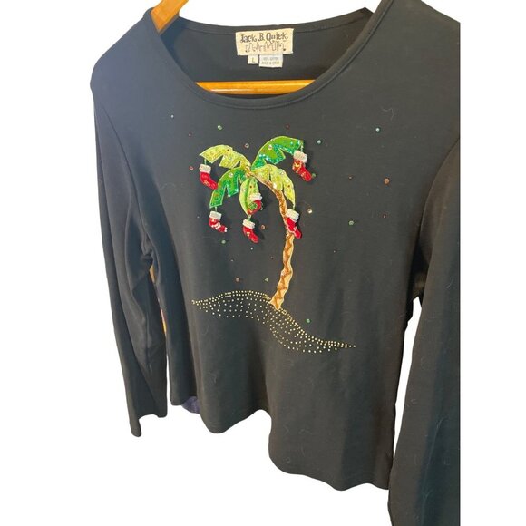 Jack B Quick Black Christmas Stocking Palm Tree Holiday T Shirt Sz L - Picture 3 of 10